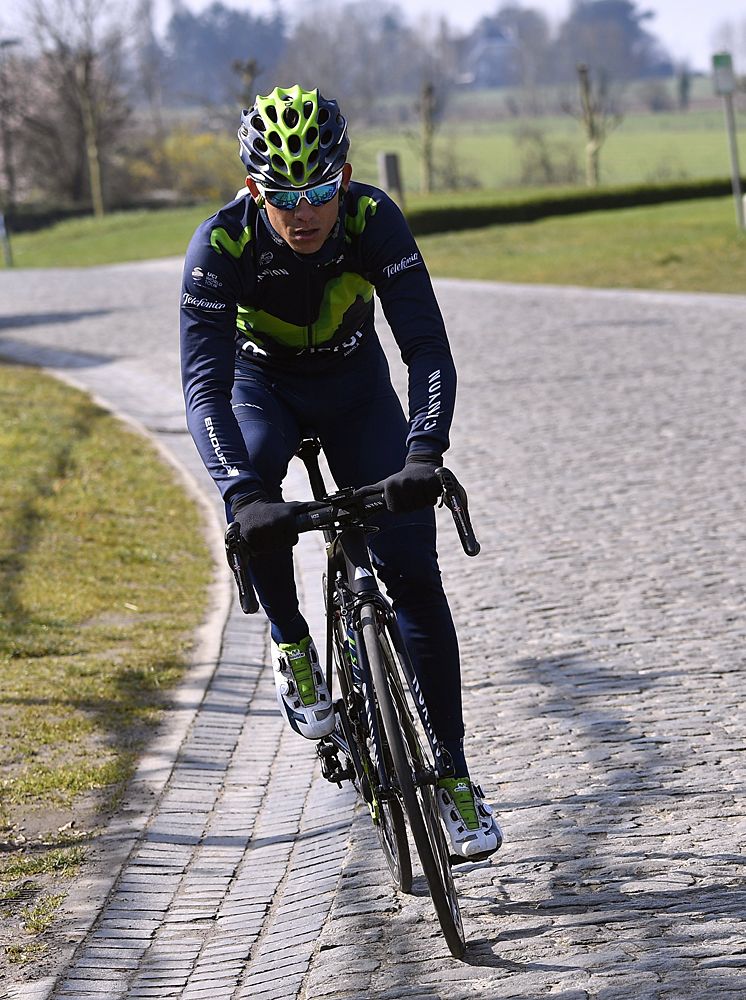 Costa Rican Andrei Amador of Movistar Team pratices during a track reconnaissance, on April 1, 2016, ahead of the Tour of Flanders