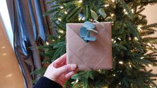 christmas gift wrapped with brown paper and eucalyptus