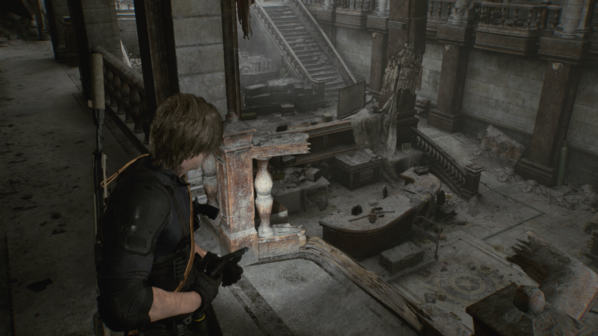Raccoon City Police Department's main hall viewed from the upstairs landing in Resident Evil Requiem