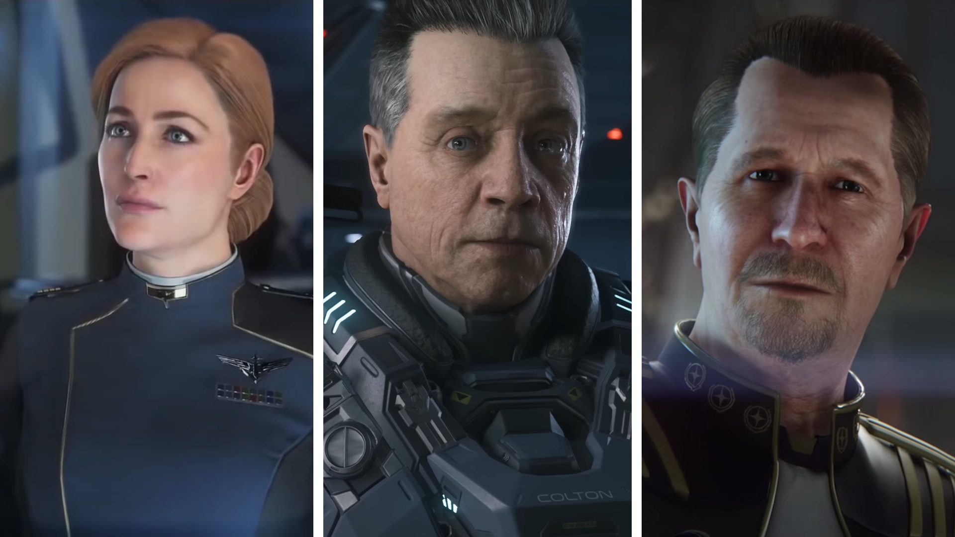 Gillian Anderson, Mark Hamill, and Gary Oldman in Squadron 42.