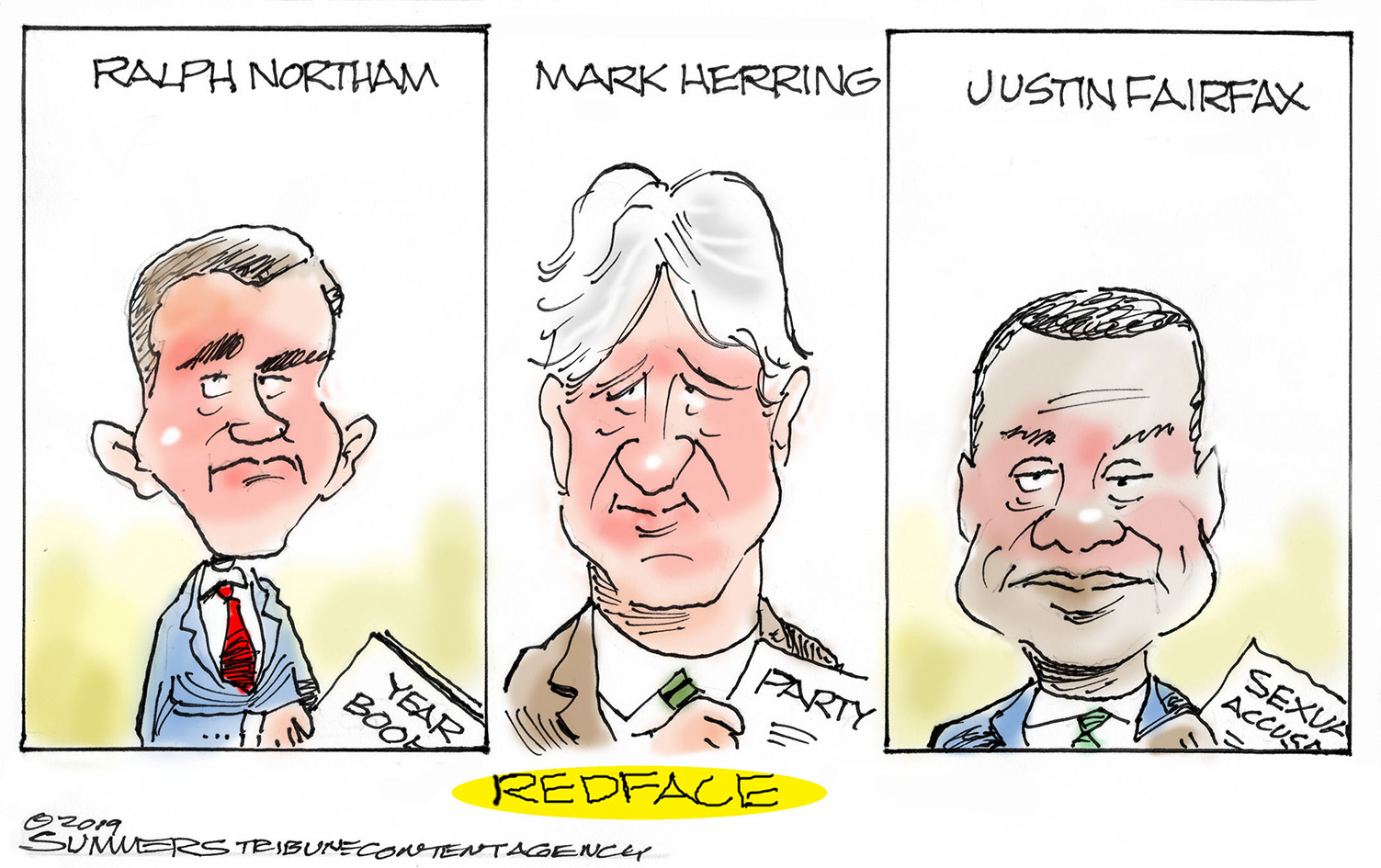 Political Cartoon U.S. Virginia Ralph Northam Mark Herring Justin Fairfax Scandals