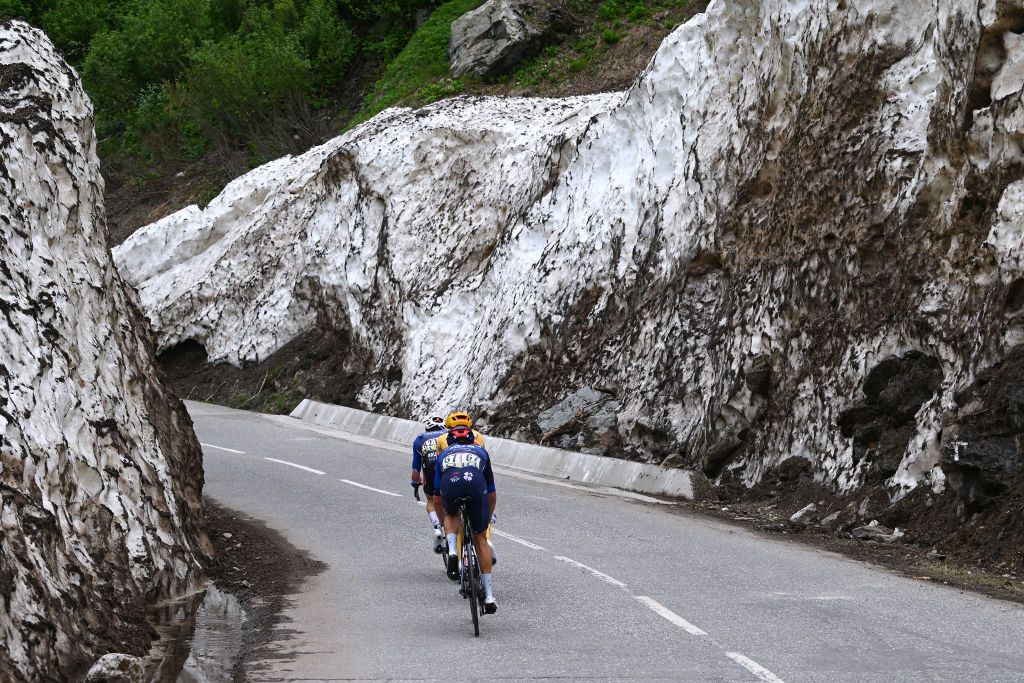 COL DE LA CROIX DE FER FRANCE JUNE 10 Anthon Charmig of Denmark and UnoX Pro Cycling Team Tobias Bayer of Austria and Team AlpecinDeceuninck and Reuben Thompson of New Zealand and Team Groupama FDJ compete in the chase group climbing to the Col de la Madeleine 1993m during the 75th Criterium du Dauphine 2023 Stage 7 a 1479km stage from PortedeSavoie to Col de la Croix de Fer 2067m UCIWT on June 10 2023 in Col de la Croix de Fer France Photo by Dario BelingheriGetty Images