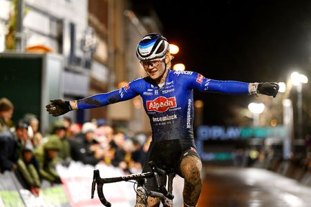 ANTWERPEN BELGIUM DECEMBER 28 Puck Pieterse of The Netherlands and Team Alpecin Deceuninck celebrates at finish line as race winner during the 46th Superprestige Cyclocross Diegem 2022 Womens Elite Superprestige2023 on December 28 2022 in Antwerpen Belgium Photo by Luc ClaessenGetty Images