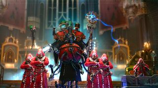 Armored sci-fi figures in red robes stand in a grand, cathedral-like space. The central figure wields a glowing staff, exuding a commanding presence.