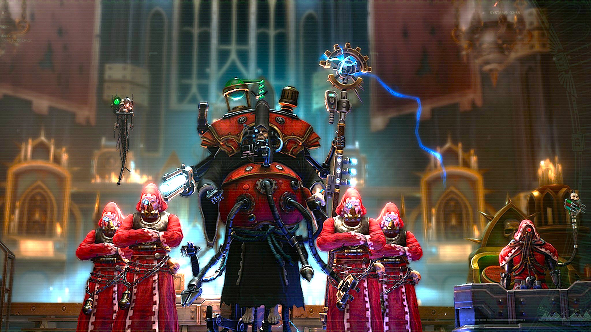 Armored sci-fi figures in red robes stand in a grand, cathedral-like space. The central figure wields a glowing staff, exuding a commanding presence.