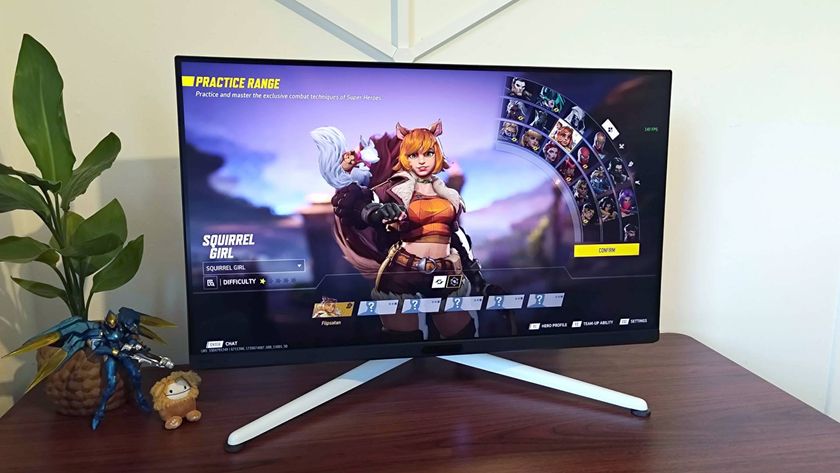 BenQ Mobiuz EX321UX monitor with Marvel Rivals Squirrel Girl on screen