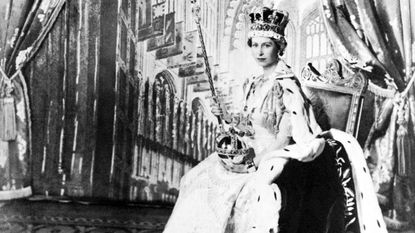 Queen Elizabeth II with the royal sceptre, after her coronation at Westminster Abbey