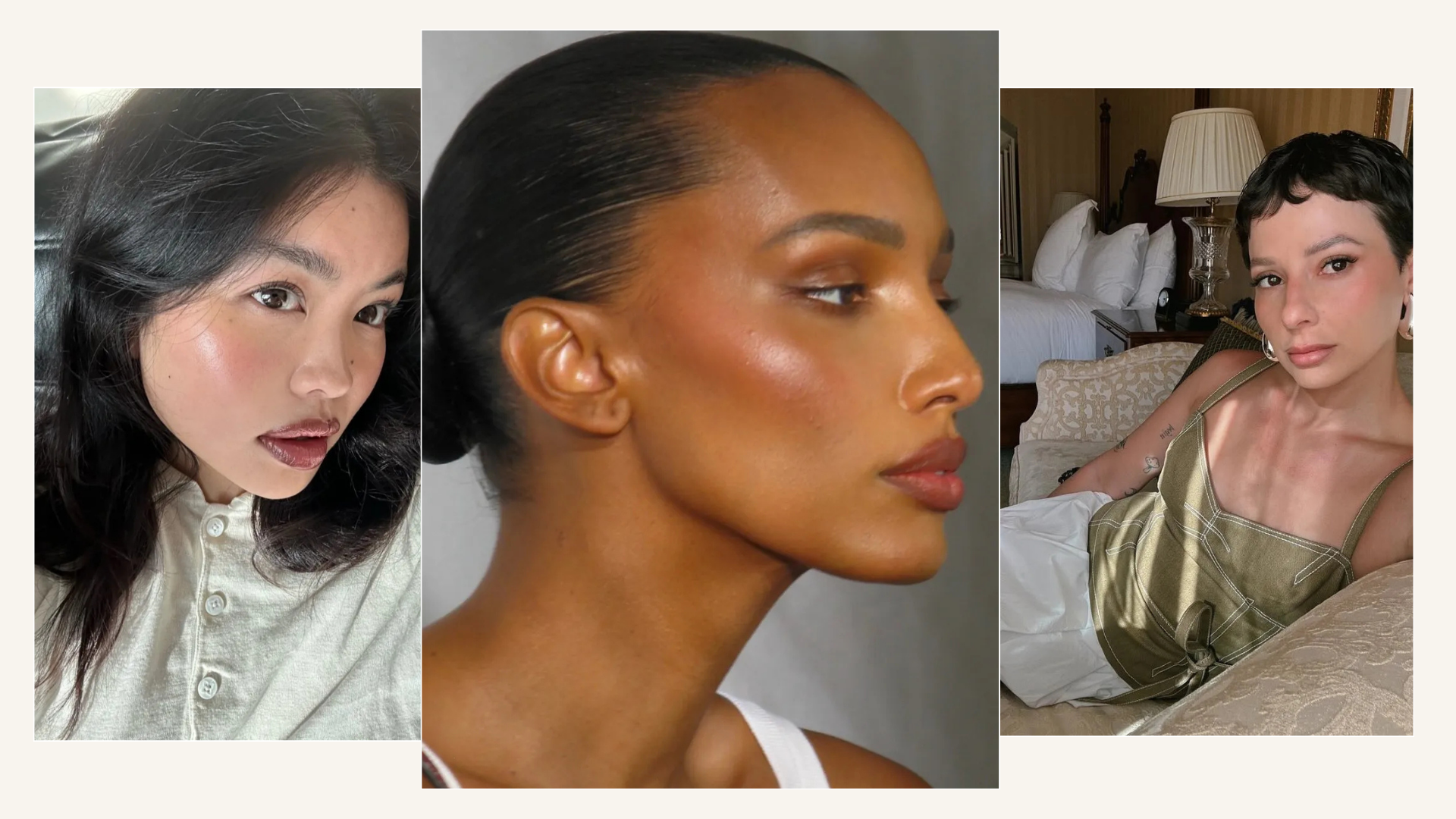 Three close-up pictures of celebrities and influencers with glowing skin