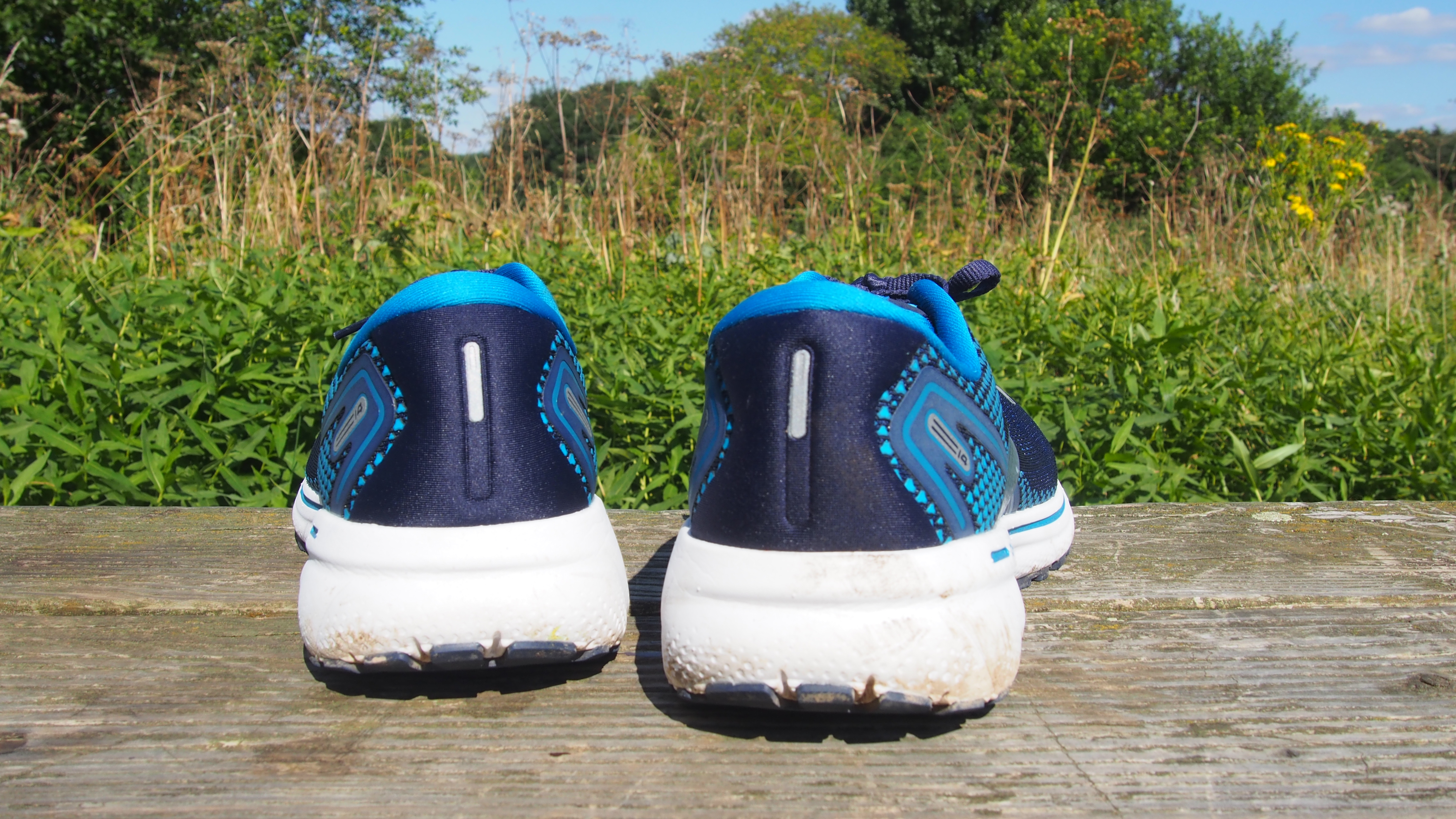 Pair of Brooks Ghost 14 running shoes, viewed from behind