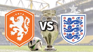 The Netherlands and England club badges on top of a photo of the Euro 2024 trophy and match ball