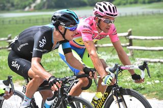 Alberto Contador (Tinkof-Saxo)and Richie Porte (Team Sky) chat during stage 9