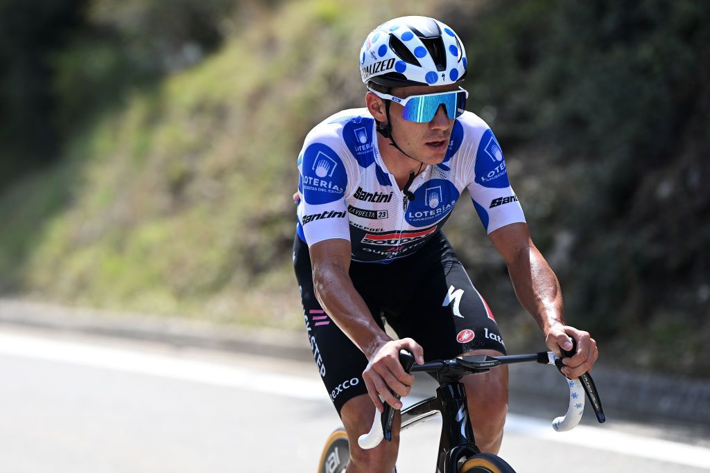 LEKUNBERRI SPAIN SEPTEMBER 10 Remco Evenepoel of Belgium and Team Soudal Quick Step Polka Dot Mountain Jersey attacks during the 78th Tour of Spain 2023 Stage 15 a 1583km stage from Pamplona to Lekunberri UCIWT on September 10 2023 in Lekunberri Spain Photo by Tim de WaeleGetty Images