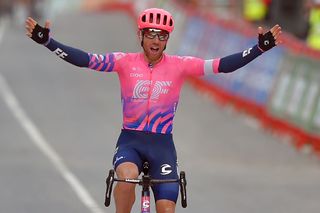 Team Education First rider Canadas Michael Woods celebrates as he crosses the finishline of the 7th stage of the 2020 La Vuelta cycling tour of Spain a 1597 km race from VitoriaGasteiz to Villanueva de Valdegovia on October 27 2020 Photo by ANDER GILLENEA AFP Photo by ANDER GILLENEAAFP via Getty Images