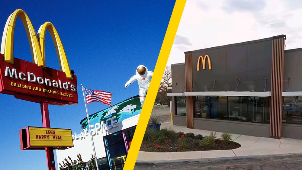 McDonald&#039;s restaurant design before and after comparison showing an old McDonald&#039;s restaurant with colourful red sign and flag and a new restaurant with understated branding