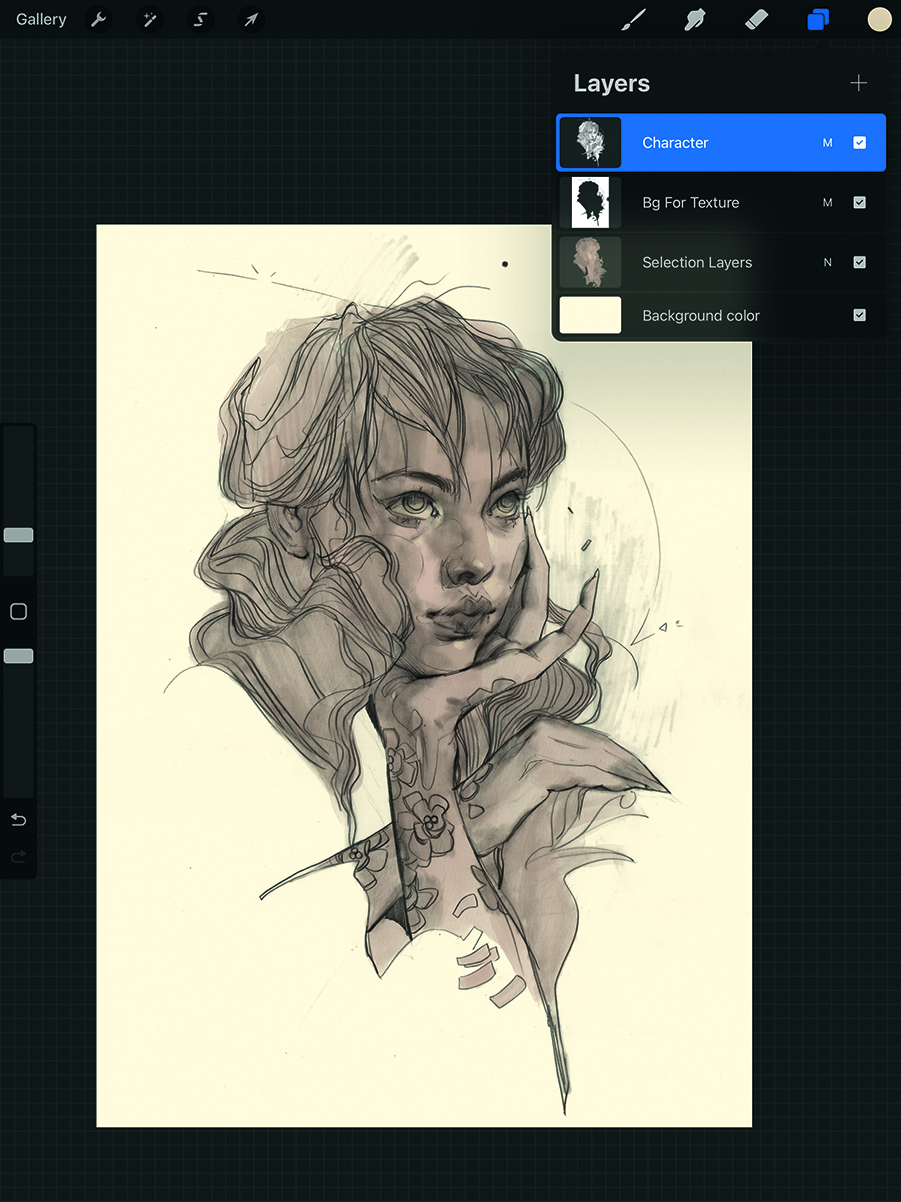 Trad to digital sketch tutorial; images of a portrait sketch