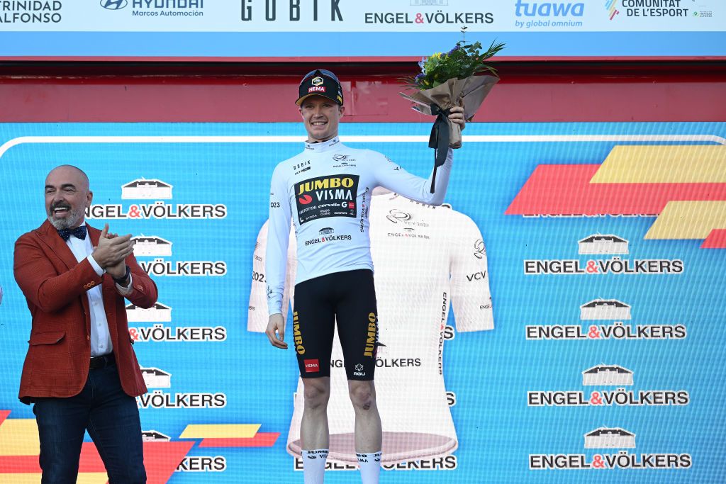 ALTURA SPAIN FEBRUARY 04 Thomas Gloag of The United Kingdom and Team Jumbo Visma celebrates at podium as White Best Young Rider Jersey winner during the 74th Volta a la Comunitat Valenciana 2023 Stage 4 a 1816km stage from Burriana to Alto de la Cueva Santa Altura 832m VCV2023 VoltaValenciana on February 04 2023 in Altura Spain Photo by Dario BelingheriGetty Images