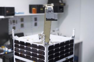 The selfie stick aboard NanoAvionics' MP42 microsatellite is shown here during testing on Earth.