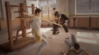 A martial artist hits another in the stomach with a staff point in brawler videogame Sifu.