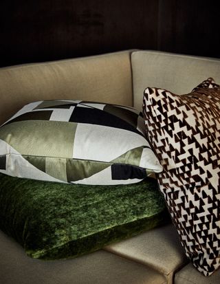Cushions on sofa in Donghia showroom in New York