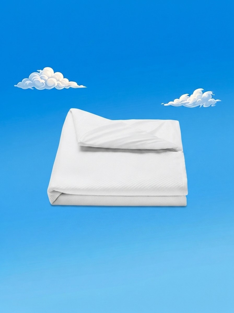 The Coop Sleep Goods Ultra Tech Waterproof Mattress Protector on a background of an illustrated sky edited by Gemini