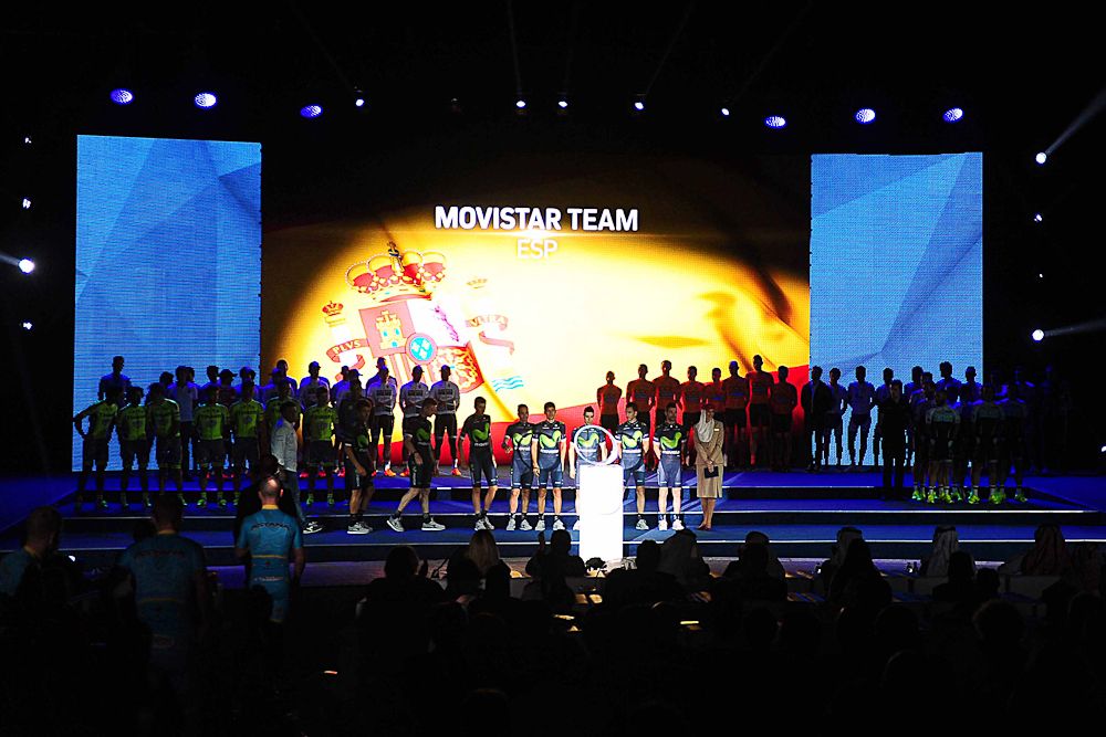 Movistar take the stage for the Dubai team presentation.