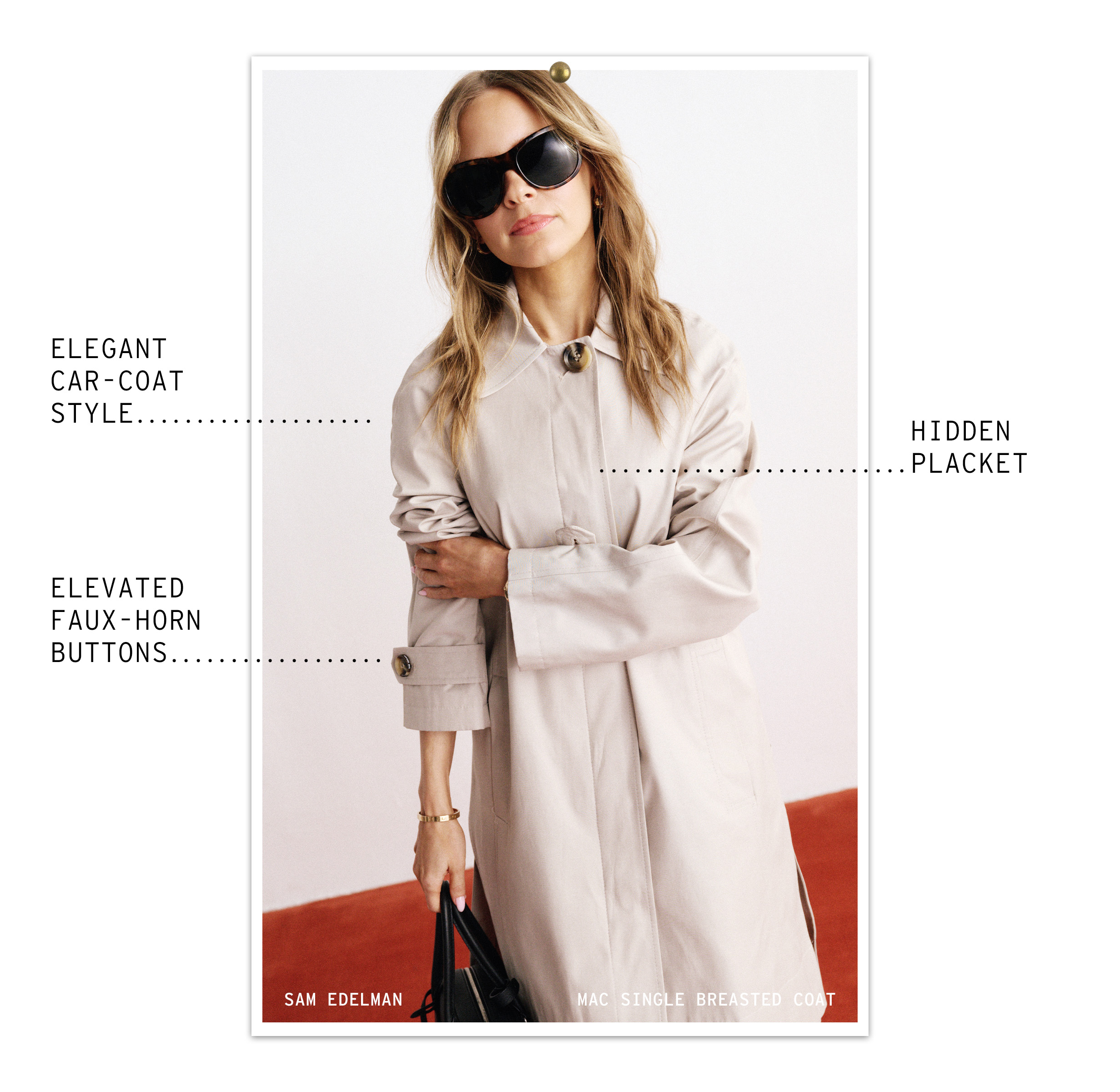 Nikki wears a trench coat and oversize sunglasses.