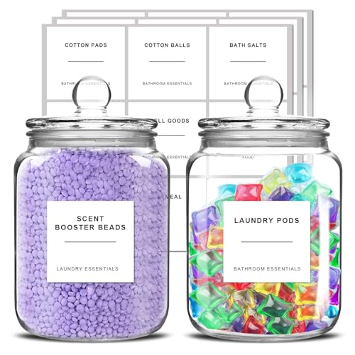 Sunal Glass Jars for Laundry Room Organization, Washing Powder Storage Container, 2 X 1.9l With 24 Labels and Airtight Lid, Large Laundry Detergent Dispenser, 2 Jars