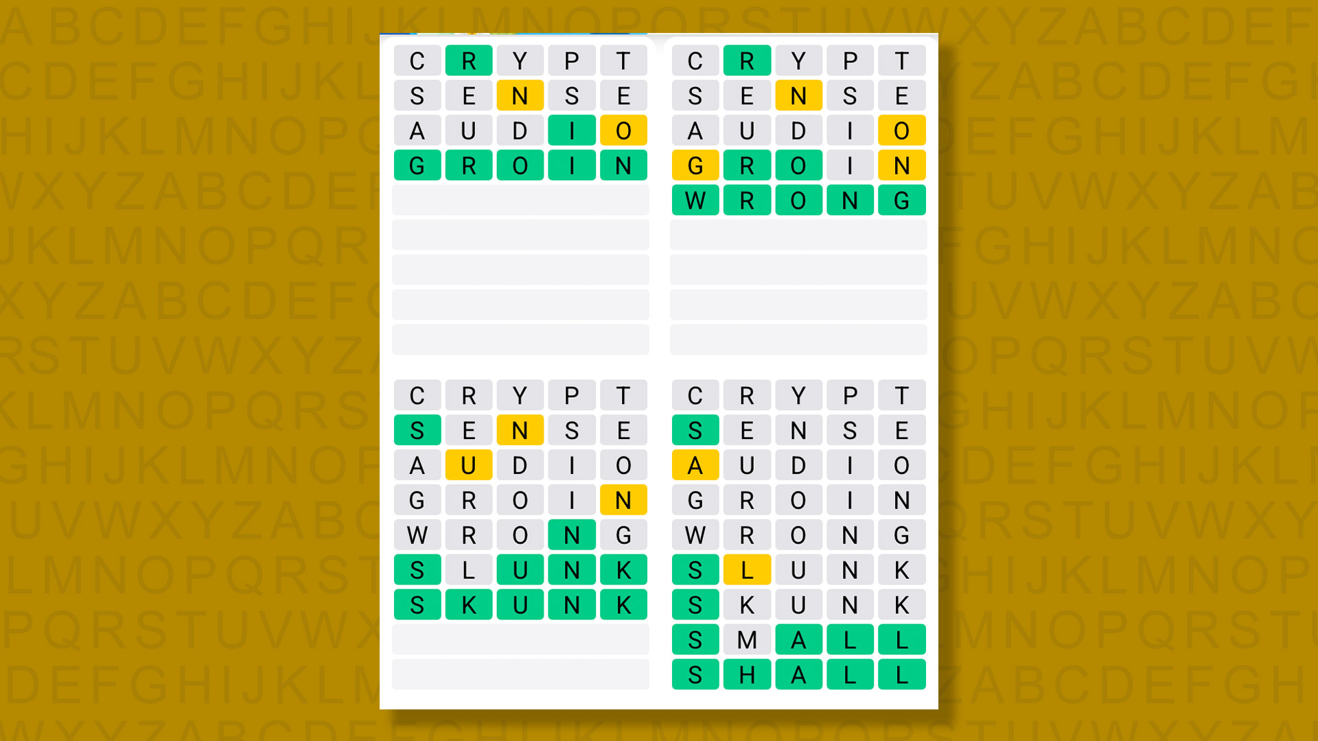 Quordle answers for game 1523 on a yellow background