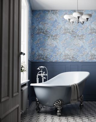 Blue bathroom with blue floral wallpaper