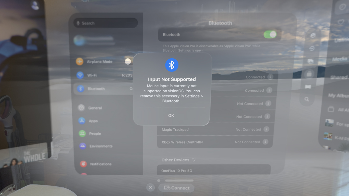 A screenshot showing Bluetooth settings on the Apple Vision Pro