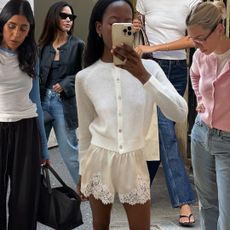 fashion collage of style influencers including Monikh Dale, Johanna Piispa, Sylvie Mus, Salome Mory, and Lindsey Holland wearing spring 2026 trends like raglan T-shirts, bootcut jeans, lace-trim shorts, flip-flop sandals, and pink pieces