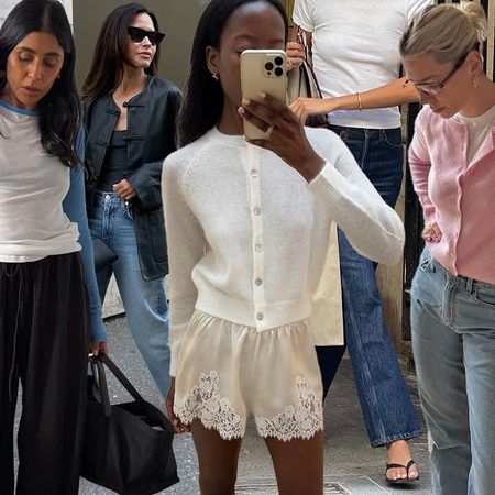 fashion collage of style influencers including Monikh Dale, Johanna Piispa, Sylvie Mus, Salome Mory, and Lindsey Holland wearing spring 2026 trends like raglan T-shirts, bootcut jeans, lace-trim shorts, flip-flop sandals, and pink pieces