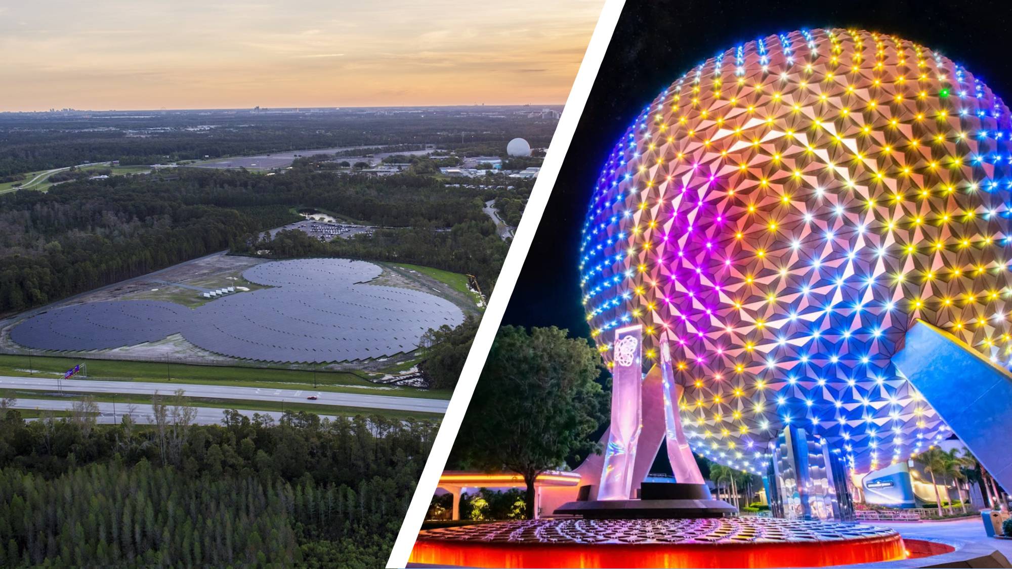 A split image of the 'Hidden Micket' solar farm next to an image of EPCOT in the nighttime