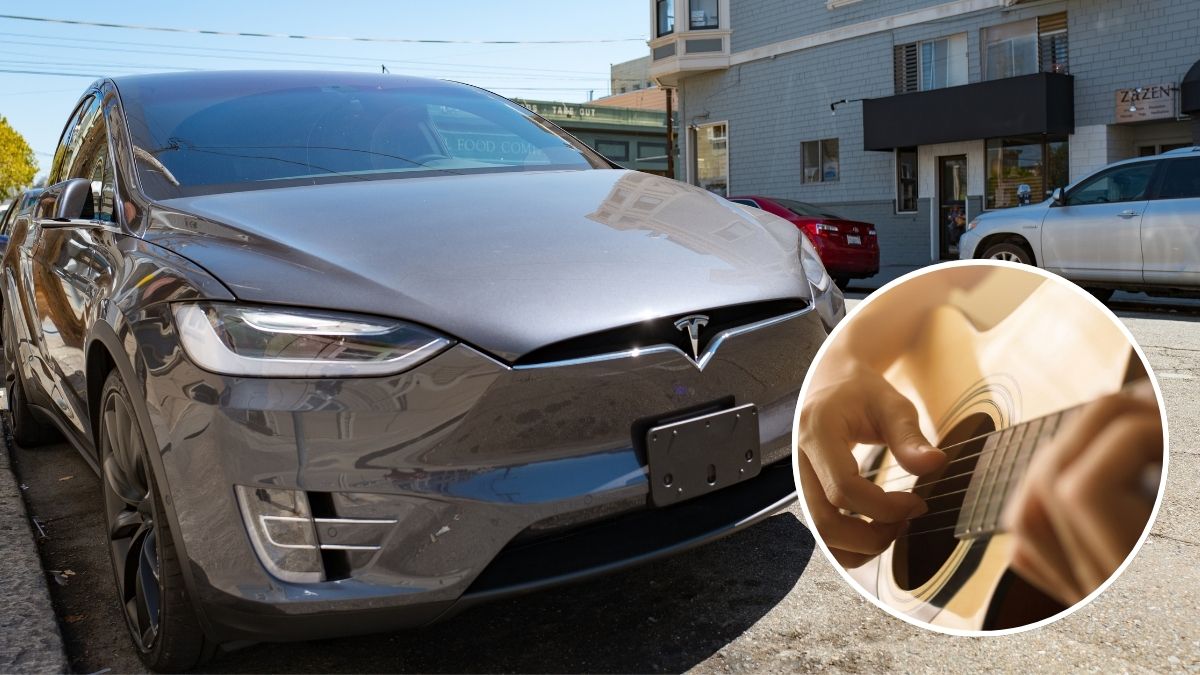 Main Image&ndash;&nbsp;Model X suv by Tesla Motors parked on a side street in the Cow Hollow neighborhood of San Francisco, California, August 28, 2016; Secondary Image&ndash;Zoom in on hand playing guitar