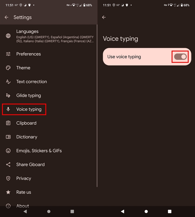 Options in settings to enable voice typing.