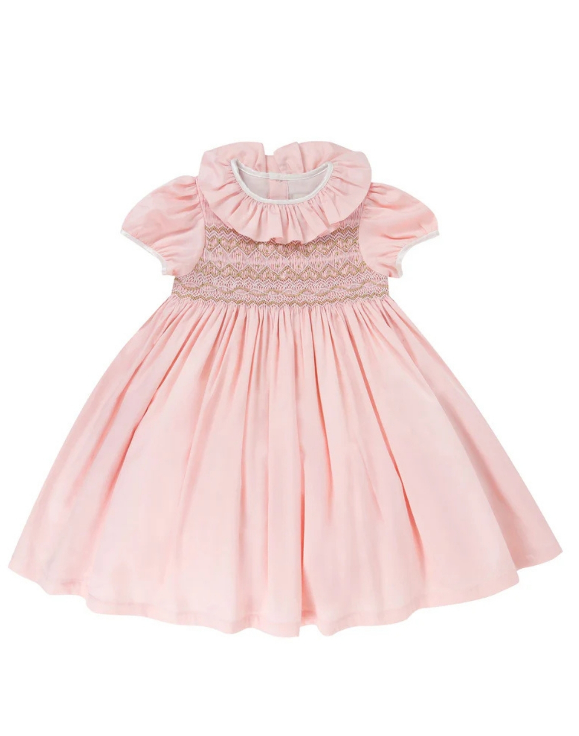 Margaret Special Occasion Dress Seashell Cotton Sateen With Gold &amp;amp; Pearl Hand Smocking