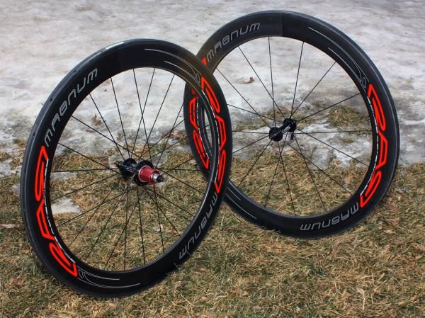 RAR's Magnum carbon road tubulars feature custom made hubs with 2:1 rear lacing and wide bracing angles.