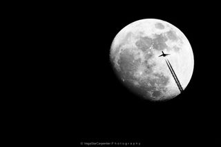 Night sky photographer VegaStar Carpentier captured this image of an airplane cruising across a 92 percent full moon over France on March 13, 2014. “A rare and precious moment,” Carpentier wrote Space.com in an email.