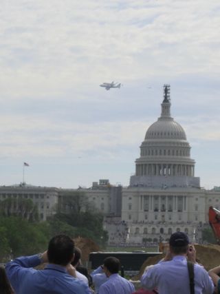 Shuttle Carrier Aircraft Carrying Discovery near Capitol Dome