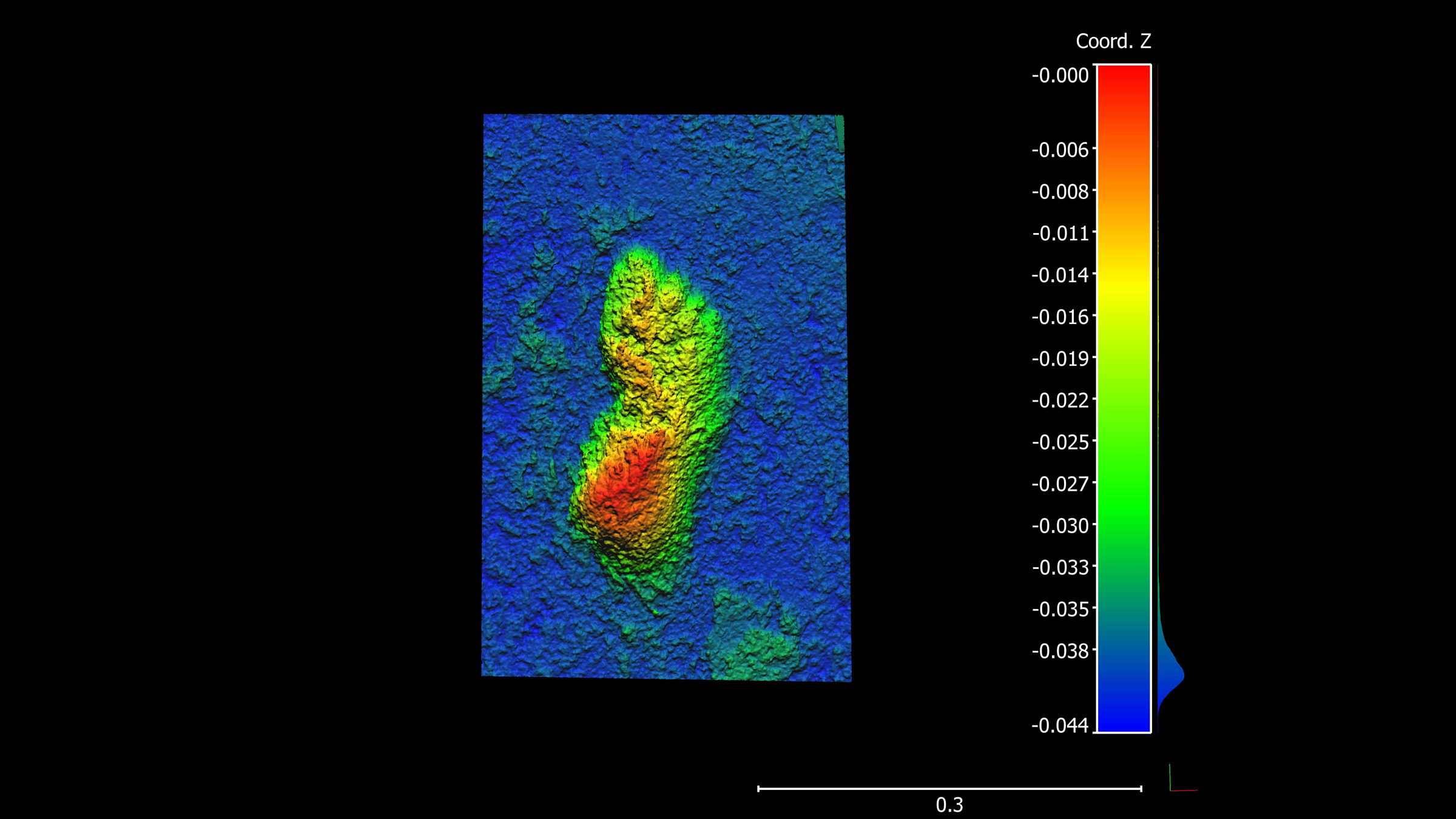 We see a digitally colored image of a human footprint against a black background. The heel is red because it has a deep impression, white the rest is yellow and green because of lighter impressions.