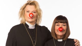 British actresses Jennifer Saunders (left) and Dawn French (right), wearing Red Nose Day 2015 noses and costumes from the Comic Relief special, The Bishop of Dibley. In the studio, on 8 January, 2015 in London.