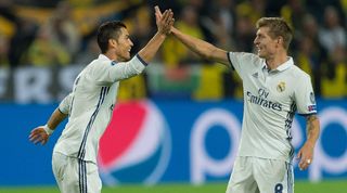 Cristiano Ronaldo and Toni Kroos celebrate a goal for Real Madrid against Borussia Dortmund in the Champions League in September 2016.