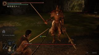Elden Ring protag squaring off with Cleanrot Knight boss in southern Liurnia