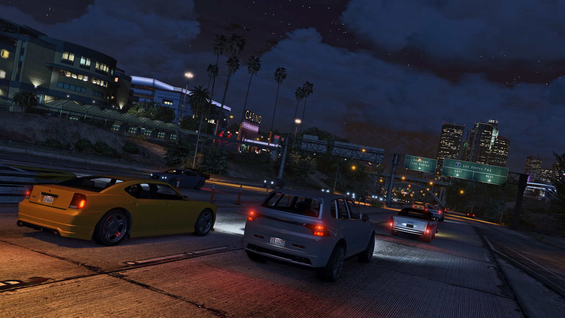 GTA 5 cars driving in dark city streets