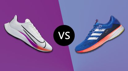 Nike Air Zoom Pegasus 37 vs Adidas SL20: Nike Air Zoom Pegasus 37 on purple background (left) and Adidas SL20 on bluish-purple background (right)