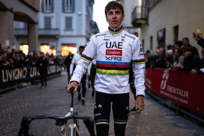 UAE Team Emirates-XRG's Tadej Pogačar attends the team presentation on the eve of the Milan-San Remo 2025