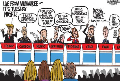 Political cartoon U.S. Republican Debate Fox Business