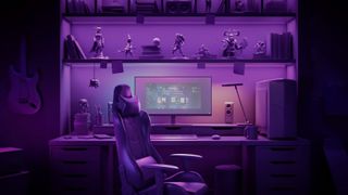 A digitally illustrated image of a gaming setup including a desktop, a monitor, speakers, mouse and keyboard with purple lighting.