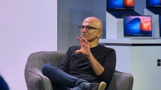 Satya Nadella presents on stage for RTX Spark and Microsoft in San Francisco