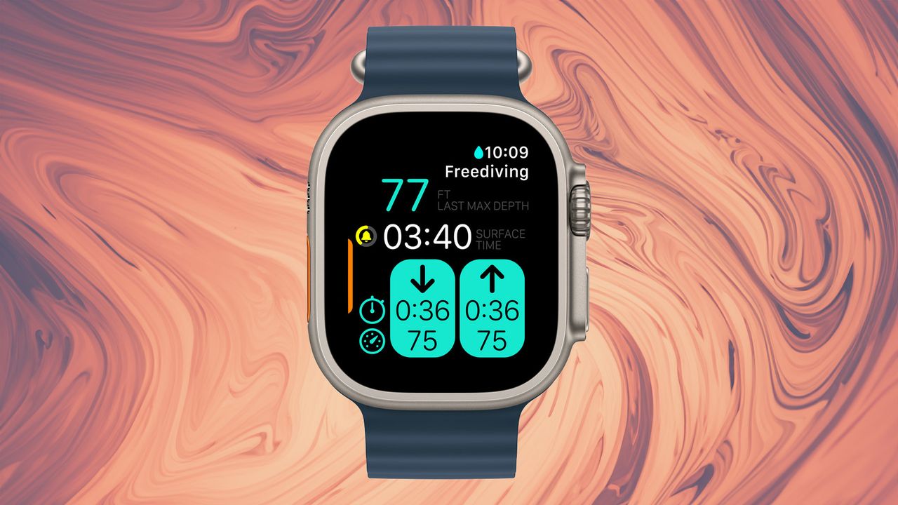 Apple Watch Ultra 2 against swirling coloured background